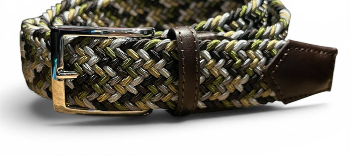 ATHISON - BRAIDED RAYON STRETCH BELT IN FOREST size chart: XS–XL fits waists 70–115 cm, belt lengths 90–130 cm. Chart features an illustrated "M" belt for waist 95 cm and total length 110 cm. Brand: ATHISON.