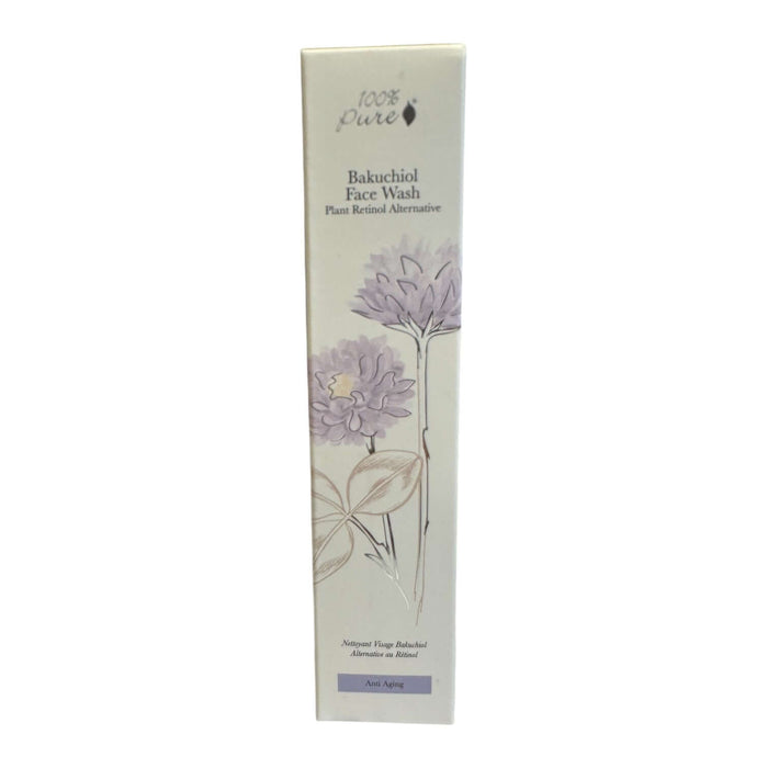 Bakuchiol Face Wash 100ml packaging featuring floral design, highlighting its plant-based ingredients as an anti-aging cleanser.