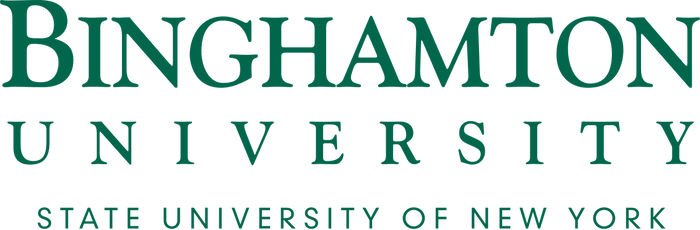 Text displays the words "BINGHAMTON UNIVERSITY" in a dark teal, distressed font on a black background.