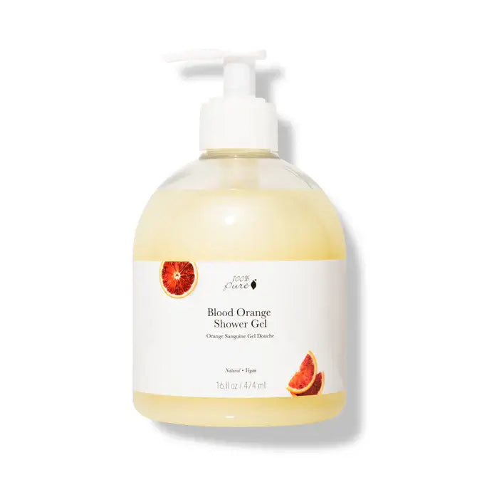 Blood Orange Shower Gel in a pump bottle with orange slice decoration, perfect for cleansing and moisturizing skin.
