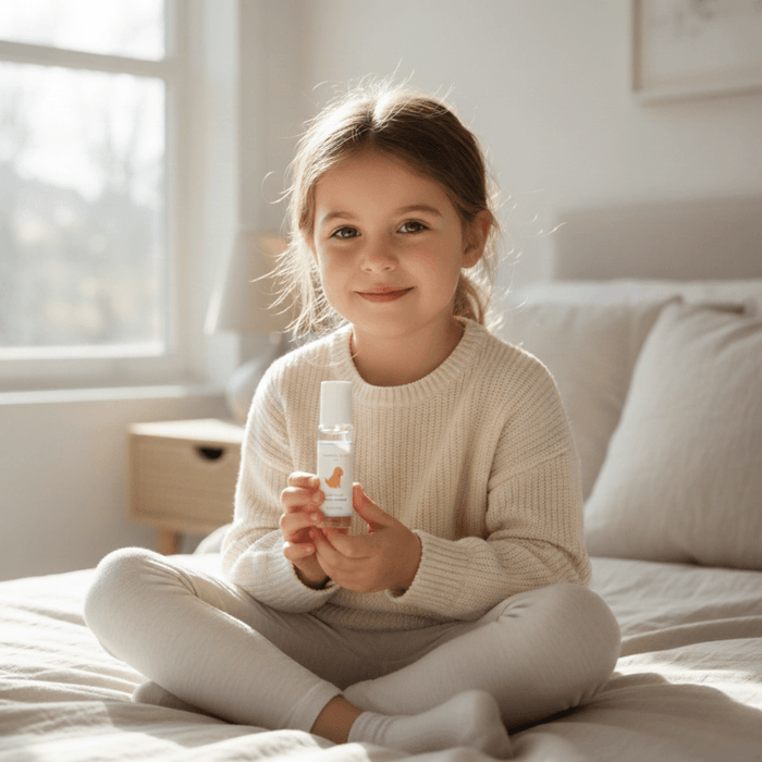 Calming Essential Oil Roller held by a smiling child sitting on a bed in a warm, sunlit room.
