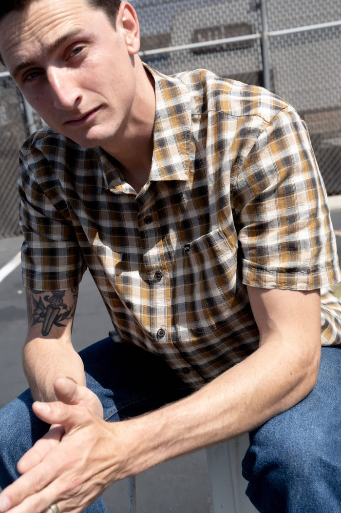 Men's Cru Linen Blend Plaid Short Sleeve Shirt in the color Black/Tobacco Plaid - Men's Lifestyle image