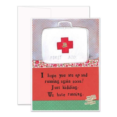 The CURLY GIRL DESIGNS - HATE RUNNING CARD by CURLY GIRL DESIGN, INC features a white first aid kit with "feel better." Collage art and inside text: "I hope you are up and running again soon! Just kidding; we hate running.