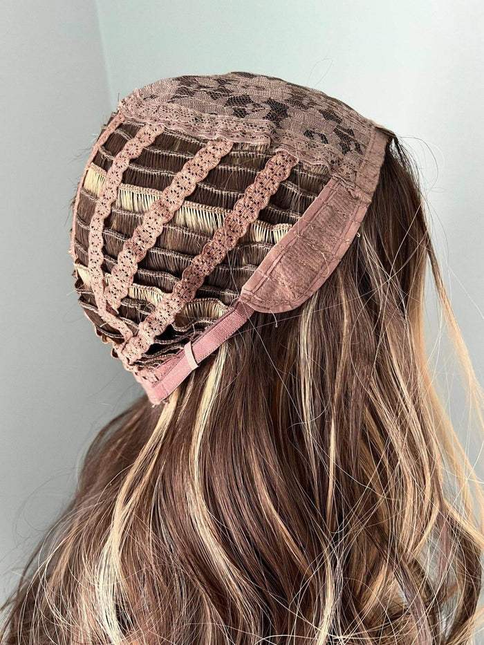 Back view of wig cap showcasing the lace and weft structure, ideal for a comfortable fit and natural movement.