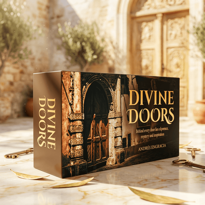 Divine Doors Oracle Card Deck displayed in a sunlit setting, featuring beautiful door imagery and elegant design.