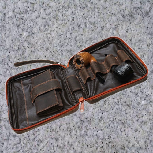 Eric Stokkebye: 4TH GENERATION KENZO LEATHER 4 PIPE COMBO POUCH - HUNTER BROWN