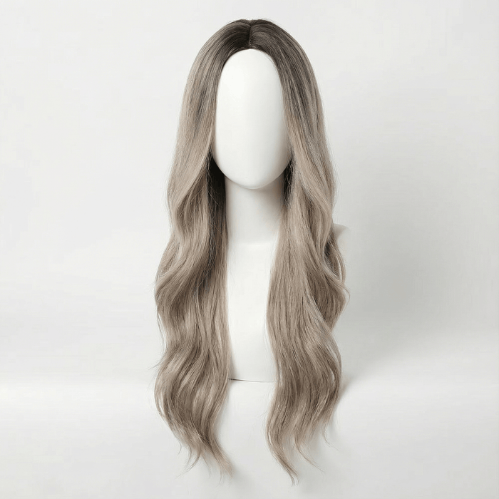 Erika Long Silver Blonde Body Wave Wig displayed on a mannequin head, showcasing its soft waves and elegant length.