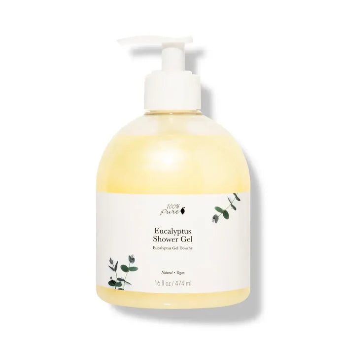 Eucalyptus Shower Gel in a transparent bottle with pump, 100% pure, nourishing and hydrating shower gel for refreshing skin.