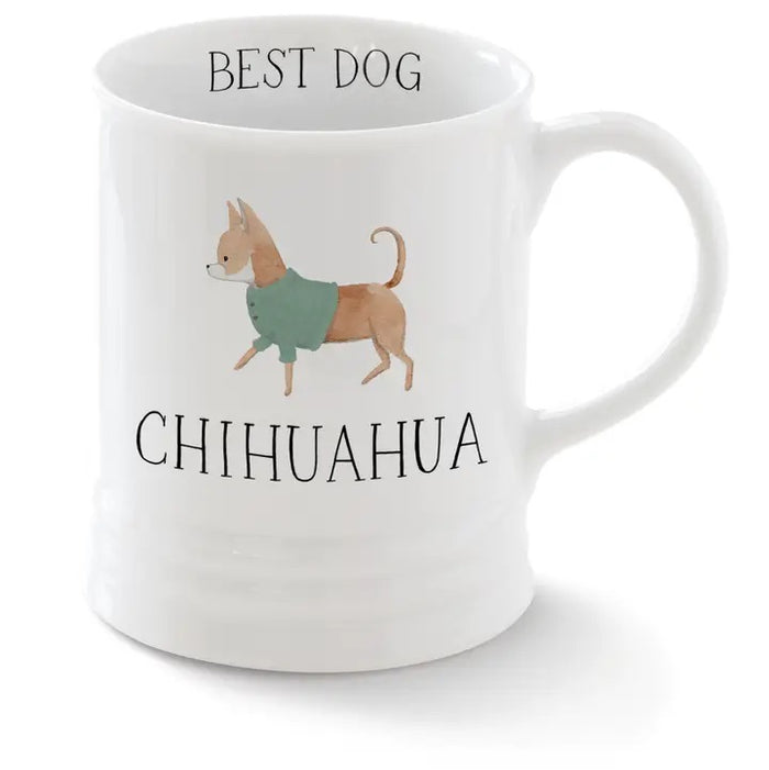 The FRINGE STUDIO - CERAMIC CHIHUAHUA MUG by PET SHOP BY FRINGE STUDIO features a chihuahua in a green sweater with "BEST DOG" and "CHIHUAHUA" text—ideal for any chihuahua lover.