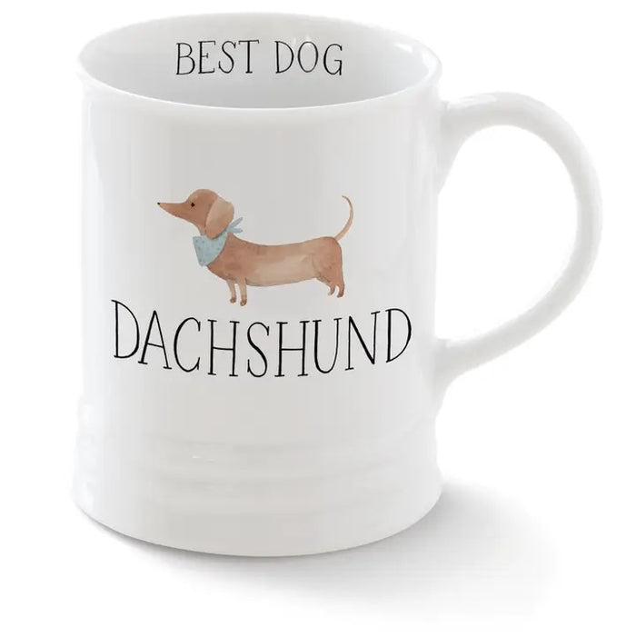 The PET SHOP BY FRINGE STUDIO "Ceramic Dachshund Mug" features a white ceramic design with a dachshund in a blue scarf, "BEST DOG" above and "DACHSHUND" below—ideal for pet lovers.