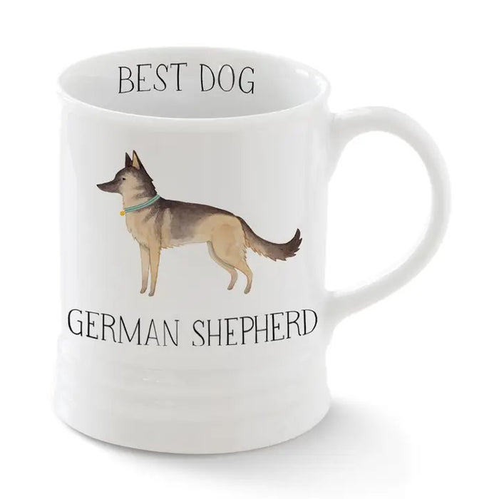 The FRINGE STUDIO - CERAMIC GERMAN SHEPHERD MUG by PET SHOP BY FRINGE STUDIO features a German Shepherd illustration with "BEST DOG" above and "GERMAN SHEPHERD" below—perfect for dog lovers.