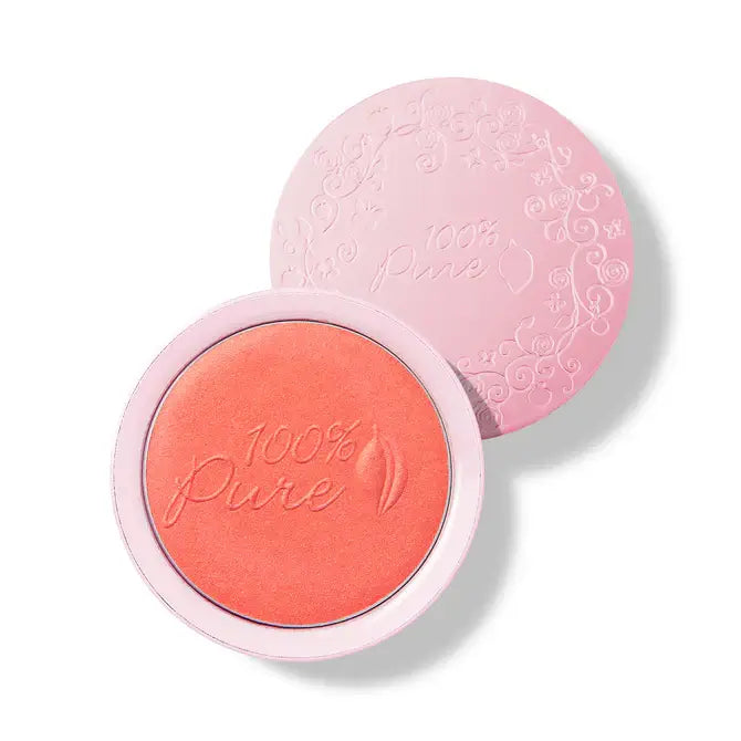Natural fruit pigmented blush in a compact with a pink lid, perfect for achieving a radiant flush.