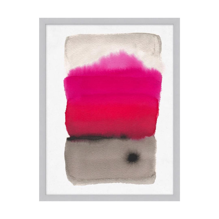 INK SPACE 7 by WENDOVER showcases abstract watercolor with a soft gray block, bold red and pink hues, and a black accent on white, set in a thin gray frame—ideal for enhancing commercial or residential spaces.