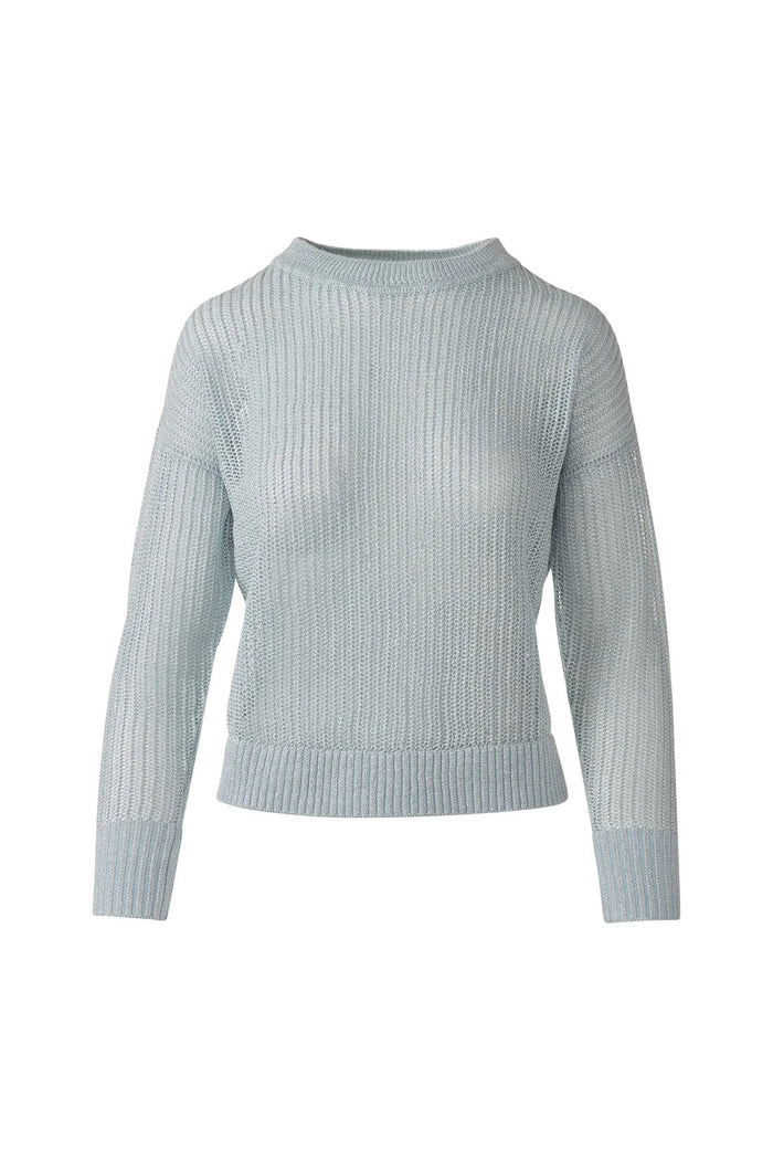 The KINROSS CASHMERE OPEN TEXTURE LUREX CREW NECK LINEN SWEATER by KINROSS is a brown, long-sleeve 100% linen piece with openwork stitching and ribbed cuffs, hem, and collar, shown against a plain white backdrop.
