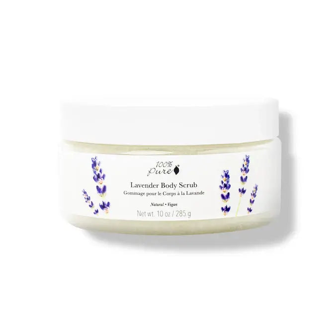 Lavender Body Scrub 285ml jar with lavender flowers design, 100% Pure, natural and vegan body scrub for a spa-like experience.