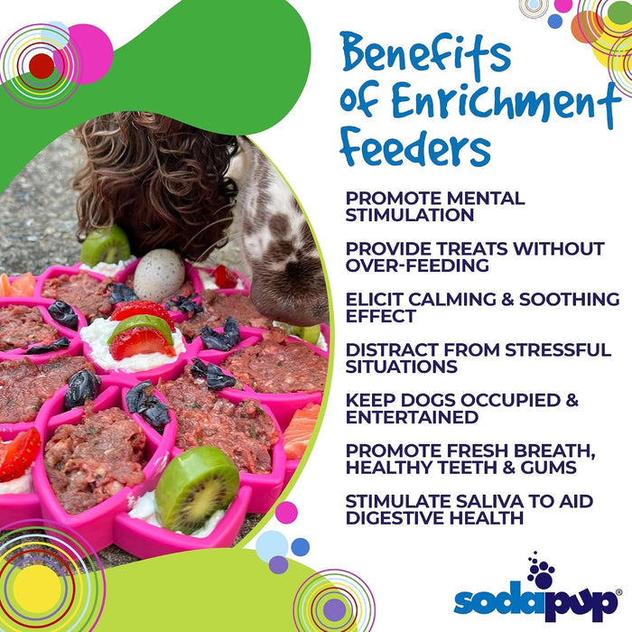 The MANDALA ETRAY Slow Feeder Enrichment Dog Bowl by SODA PUP is a pink silicone tray shaped like a flower with eight petal-like compartments and a subtle central logo, making it an ideal shallow slow feeder and enrichment tray for interactive mealtime fun for dogs.