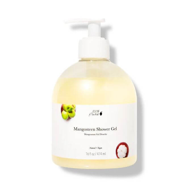 Mangosteen Shower Gel 100% Pure in 16 fl oz bottle with pump, sulfate-free and rich foaming body wash.