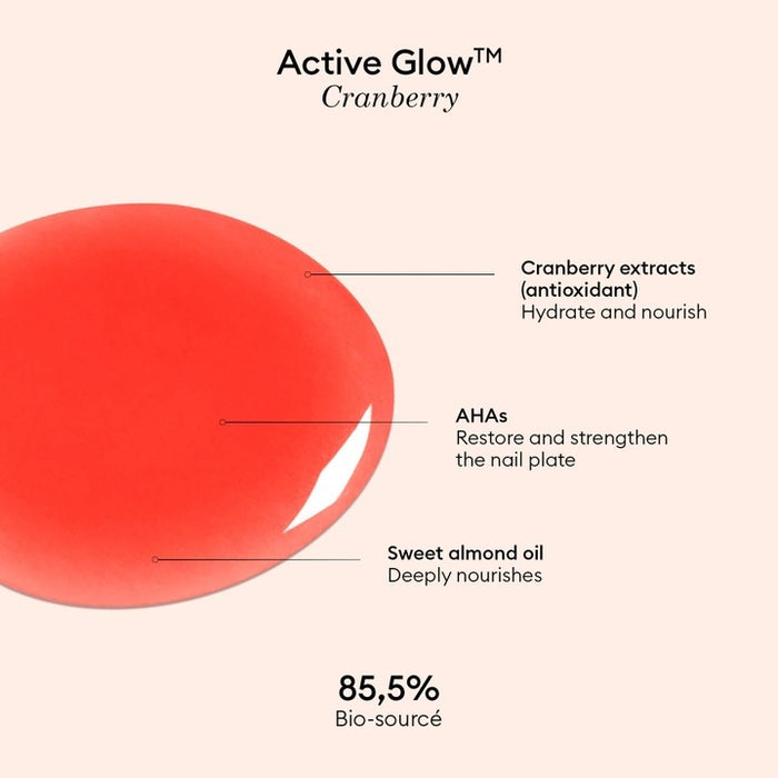 A clear bottle of MANUCURIST - ACTIVE™ GLOW CARE POLISH from MANUCURIST INC features a white cap and vibrant pink liquid. The label displays “Active Glow” and showcases its nail care benefits, grape scent, and nourishing qualities. This bio-sourced polish strengthens nails while providing a sophisticated glass-nails effect for a radiant, healthy-looking finish.