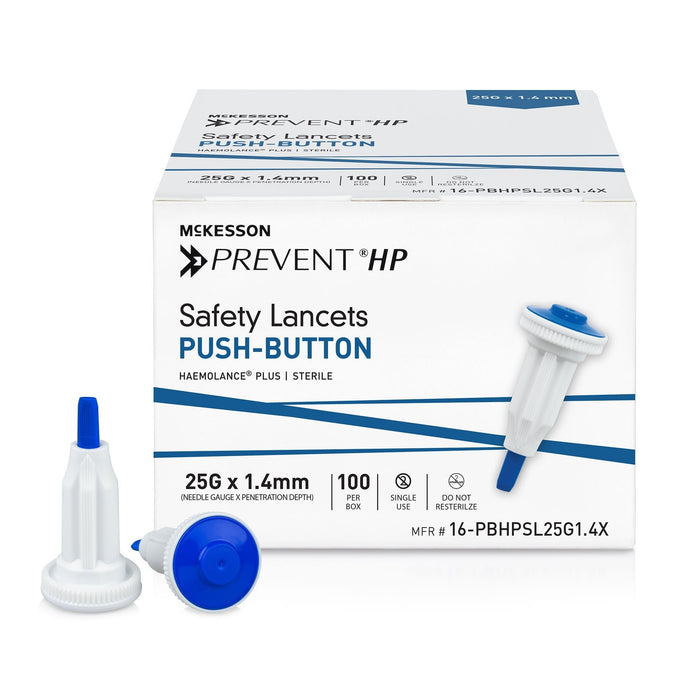 McKesson Prevent HP Push Button Safety Lancets, 25 Gauge - 16-PBHPSL25G1.4X-Box - LL Medico
