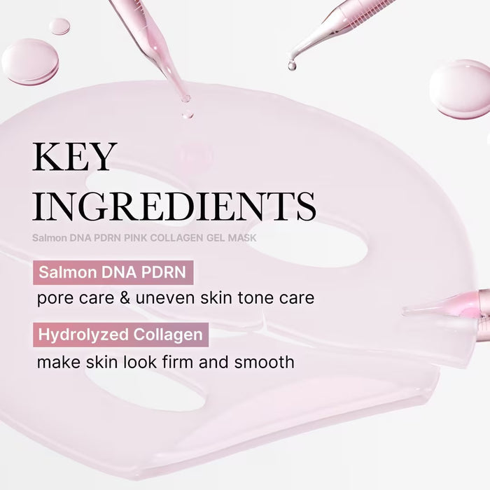 A pink sachet labeled “MEDICUBE - SALMON PDRN PINK COLLAGEN JELLY GEL MASK” from KOSMIC KBEAUTY SKINCARE is featured, with a translucent pink hydrating gel mask partially displayed in front of the packaging. The text highlights key ingredients such as Sodium DNA and Niacinamide, which work together to boost collagen for a luminous, glass-skin finish.