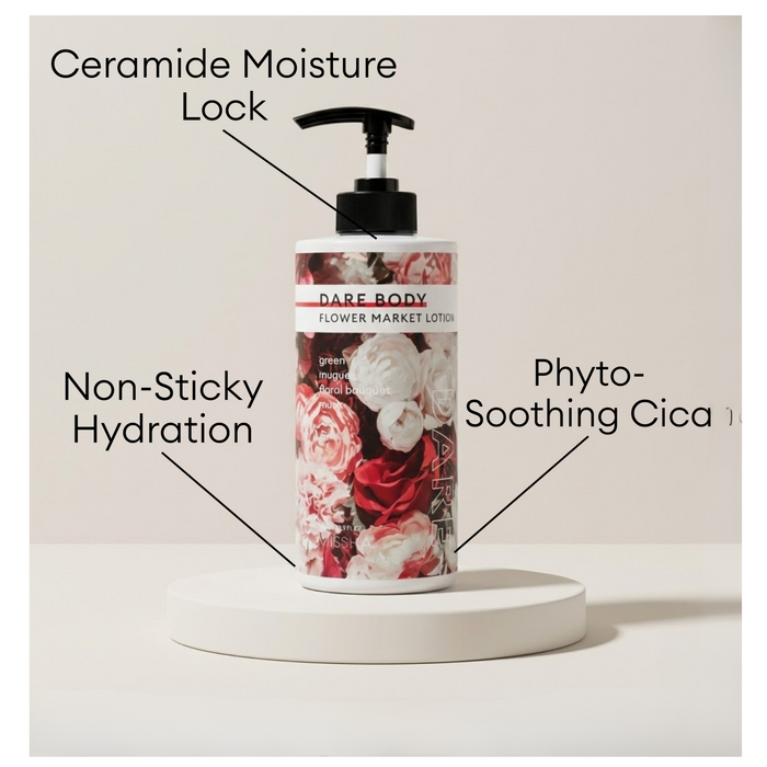 MISSHA Dare Body Flower Market Lotion featuring Ceramide Moisture Lock, Phyto-Soothing Cica, and non-sticky hydration.