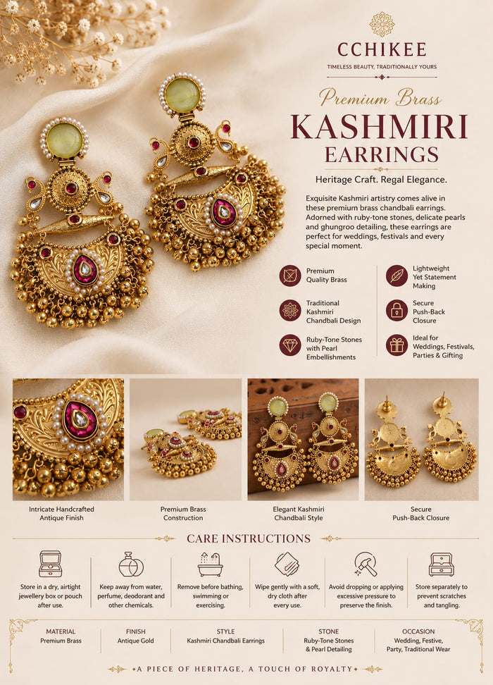 Premium Brass Kashmiri Chandbali Earrings with Ruby Stone & Pearl Detailing | Traditional Ethnic Earrings for Women