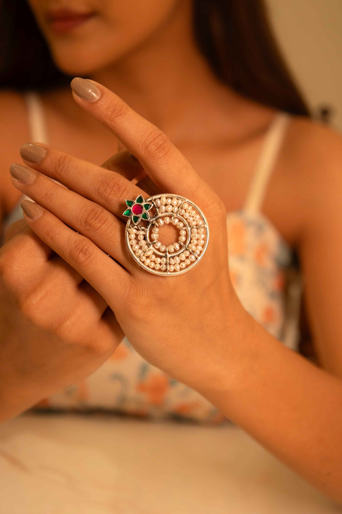 Qurbat Concentric Pearl Kundan Flower Motif Statement Ring