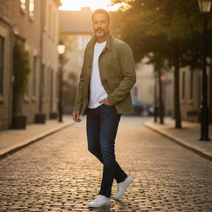 A person models the RELWEN Flyweight Flex Blazer in Burnt Olive over a blue and white checkered shirt with gray pants, hands in pockets, against a plain white background.