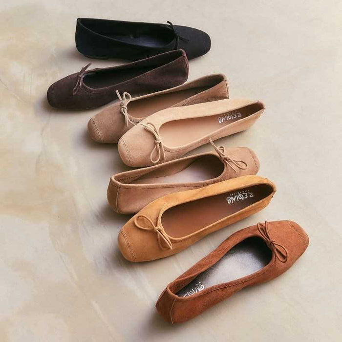 Top view of the REQINS - HARMONY SUEDE BALLERINA FLAT IN NATURAL, featuring a square toe and elegant bow detail—classic women's footwear by REQINS on a simple light background.