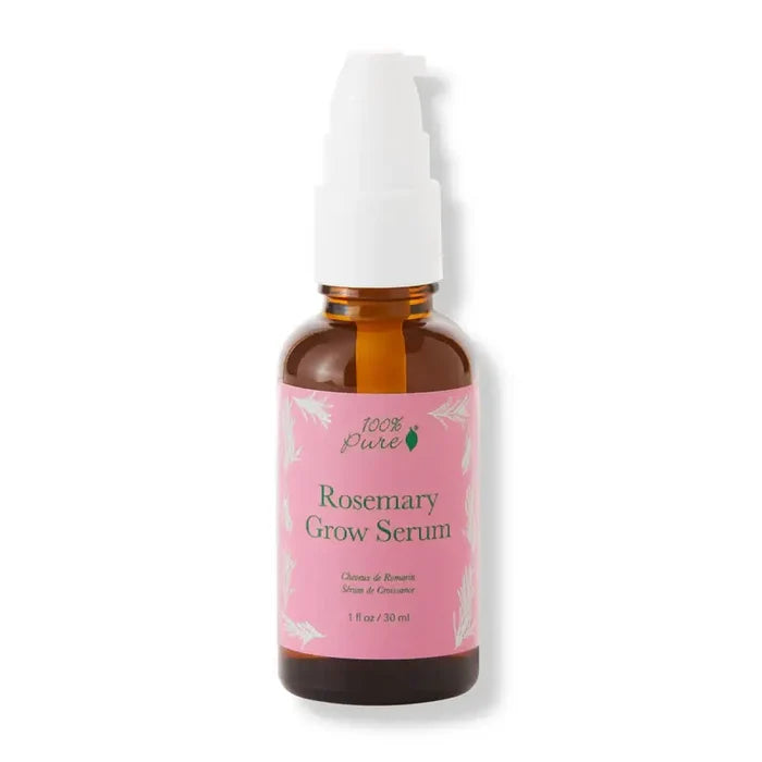 Rosemary Grow Serum bottle with pink label on a white background