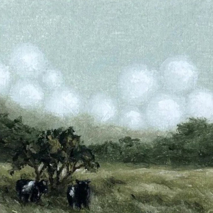 The SOPHIE WYATT STUDIO - BELTIES ART PRINT, 11x14 by SOPHIE WYATT STUDIO features four black-and-white Belted Galloway cows standing in a grassy field with trees and a cloudy sky in the background, beautifully capturing the charm of rural cow artwork.