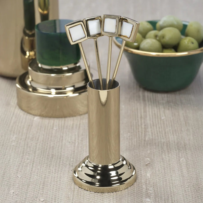 The ZODAX SPIGA Set of 4 Cocktail Picks with Stand features a shiny gold-tone holder and slender picks, each topped with a square mother of pearl accent—an elegant addition to your home bar accessories collection.