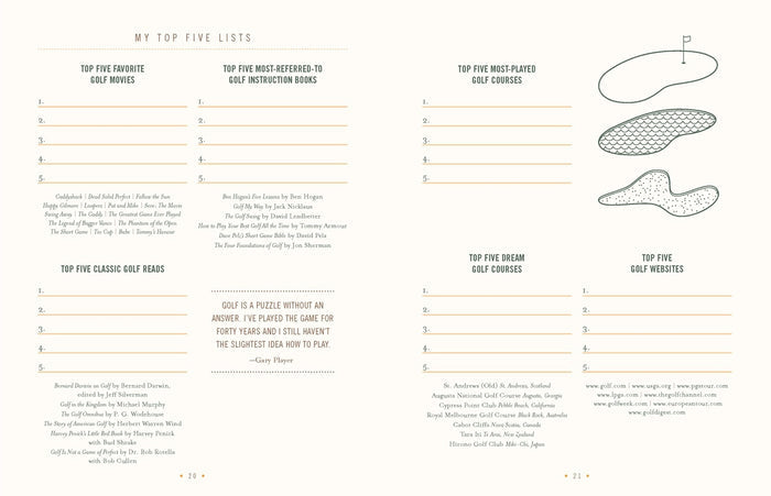 THE ULTIMATE GOLF JOURNAL BY LISA BACH from CHRONICLE BOOKS lets golfers log dates, locations, and results with tips, practice instructions, distance tracking for each club, and notes— all on a stylish beige background.