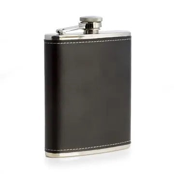 The TIPSY BLACK LEATHER FLASK by BEYBERK INTERNATIONAL is a 6 oz stainless steel flask with a black leather cover, white stitching, and a hinged screw-top lid, displayed against a white background.