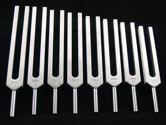 Tuning forks of varying sizes stand in a row, labeled "256 C", "288 D", "320 E", "341.3 F", "384 G", "426.7 A", "480 B", and "512 C," against a black background.
