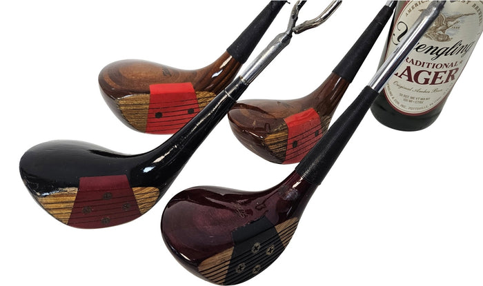 VINTAGE GOLF GIFTS' VINTAGE WOOD DRIVER BOTTLE OPENER features handles made from recycled wood golf clubs, designed to resemble classic club heads—unique vintage golf gifts, ideal for any enthusiast.