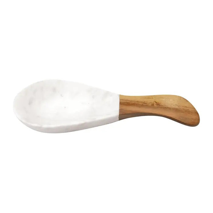 The BE HOME, INC WHITE MARBLE & WOOD SPOON REST features elegant white marble and light brown wood accents, making it a stylish addition to your kitchen or a perfect match for your marble-handled utensils.