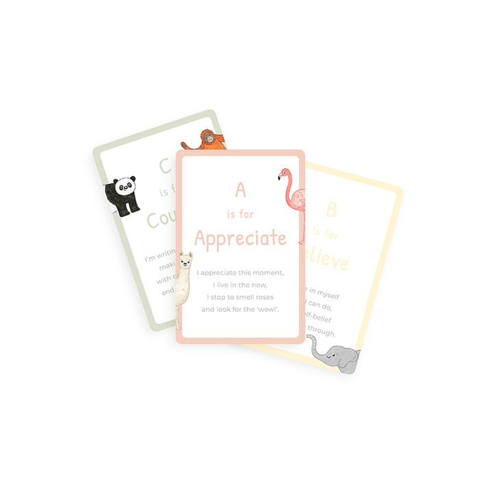 Three educational flashcards with animal illustrations and text on a white background