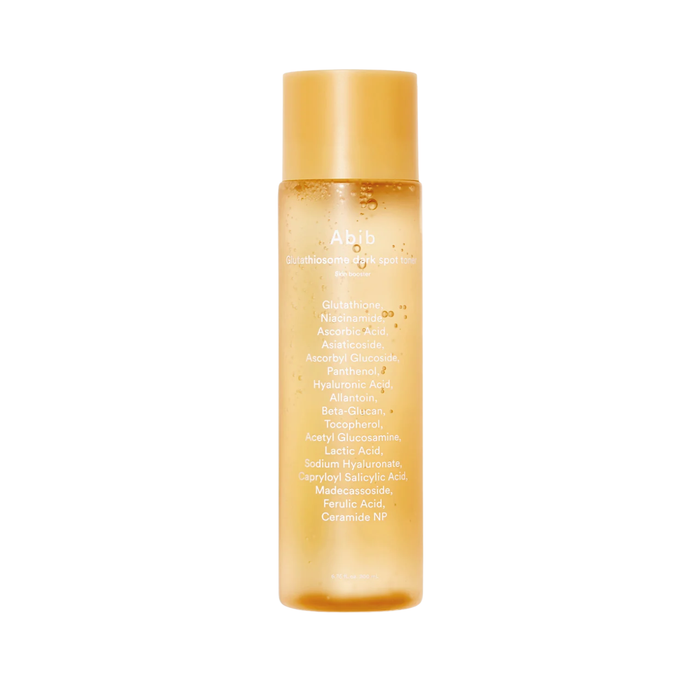 ABIB Glutathiosome Dark Spot Toner Skin Booster is a lightweight brightening toner designed to improve uneven skin tone and enhance radiance. Enriched with Glutathiosome, Niacinamide, and Vitamin C, it helps reduce the appearance of dark spots while promoting a clearer complexion. With gentle LHA exfoliation and soothing ingredients like Centella Asiatica and Panthenol, it helps refine skin texture while supporting the skin barrier. The fast-absorbing texture leaves skin smooth, hydrated, and re