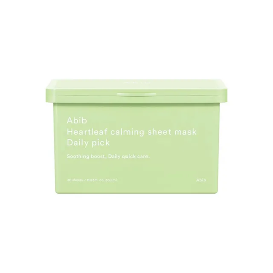 ABIB Heartleaf Calming Sheet Mask Daily Pick is a gentle daily mask designed to quickly soothe and hydrate sensitive or irritated skin. Enriched with Houttuynia Cordata (Heartleaf) Extract and Quercetin, it helps calm redness while providing refreshing care. Triple Hyaluronic Acid delivers lasting moisture to keep skin soft and comfortable. The 0.3mm ultra-slim vegan sheet adheres smoothly to the skin to help absorb the essence effectively, offering lightweight yet nourishing care. Perfect for d