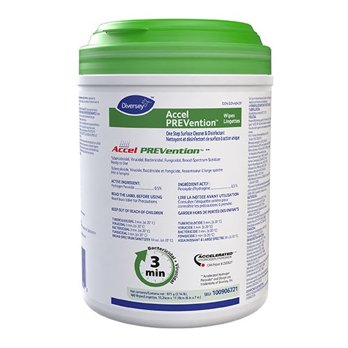 A large container of Accel Prevention wipes sits on a plain background. The container is white with green lid and detailed product information, including active ingredients and usage instructions. The label highlights a 3-minute kill time. SKU: 100906721.