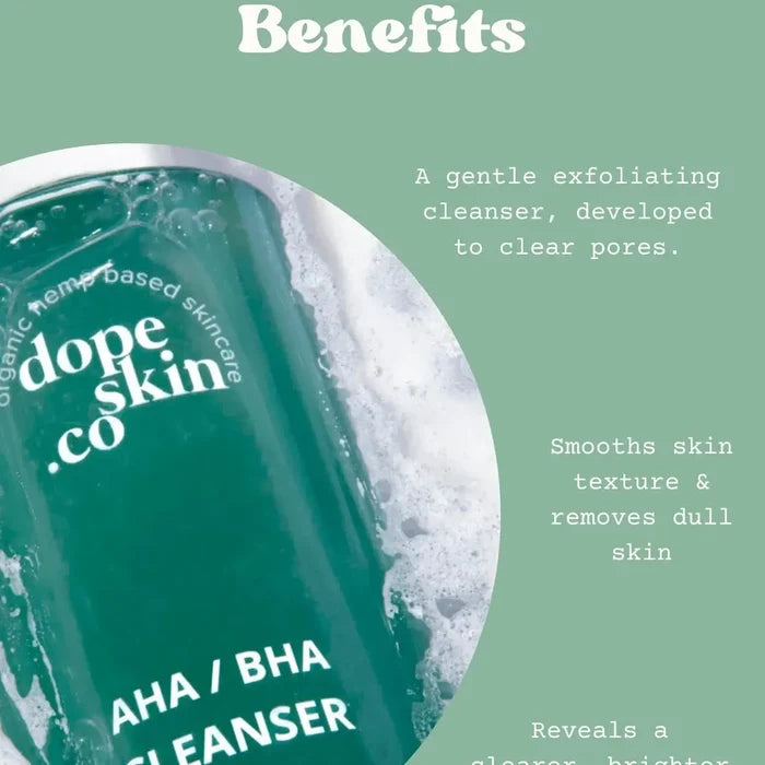 Dope Skin Co cleanser bottle with text about benefits on a green background