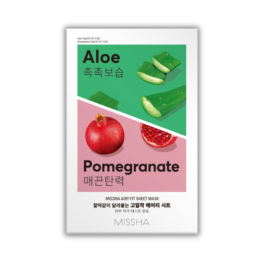 Packaging of Airy Fit Sheet Mask Aloe & Pomegranate showing an illustration of aloe vera and pomegranate with the brand name and product details.