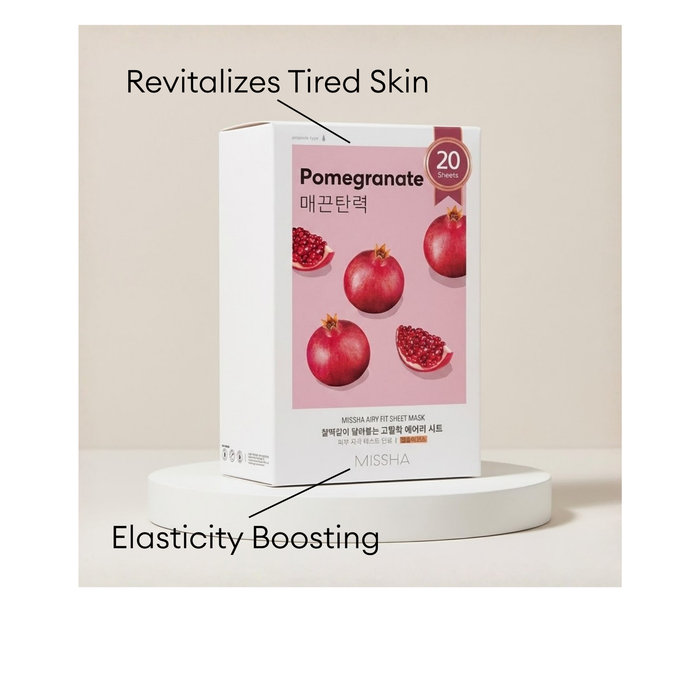 MISSHA Airy Fit Sheet Mask Pomegranate 20-sheet value pack to help revitalize tired skin with elasticity-boosting ingredients.