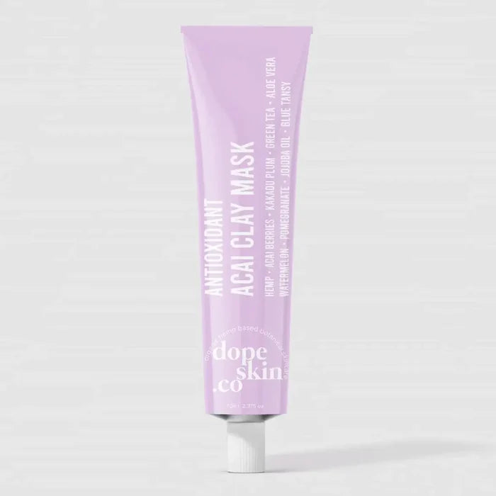 Purple clay mask tube with 'dope skin co' branding on a white background