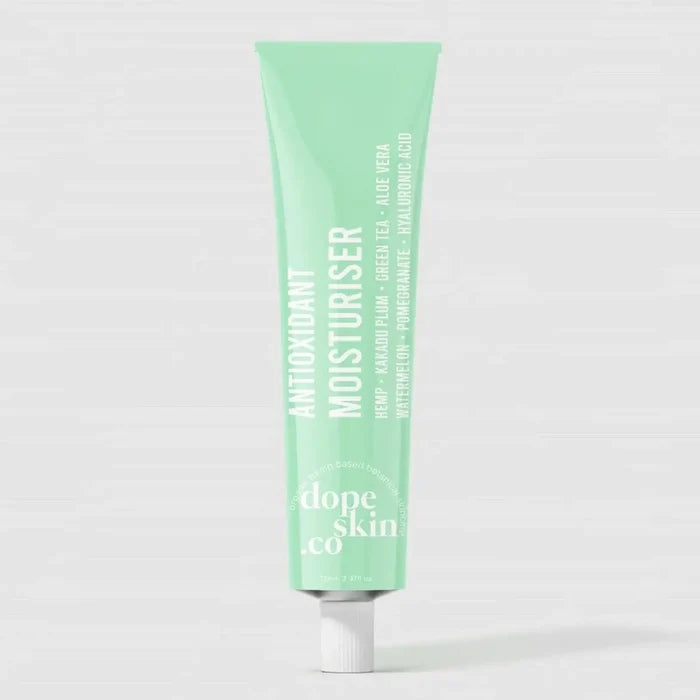 Antioxidant Botanical Moisturiser from Dope Skin in a mint green tube providing hydration and protection.