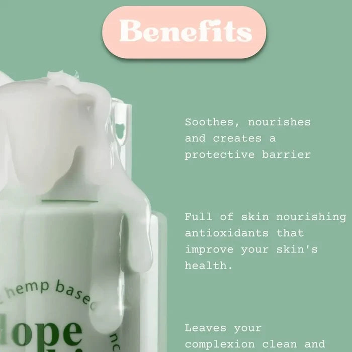 Product with text highlighting benefits on a green background