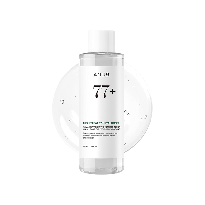 ANUA Heartleaf 77% Soothing Toner is a gentle hydrating toner made to calm, refresh, and balance sensitive or irritated skin. Formulated with 77% Heartleaf Extract, Panthenol, Glycerin, Betaine, Centella Asiatica Extract, Portulaca Oleracea Extract, Chamomile Flower Extract, Sugar Cane Extract, and Apple Fruit Extract, it helps soothe redness, support moisture, and leave skin feeling soft and comfortable. The lightweight watery texture absorbs quickly without heaviness, making it ideal for daily