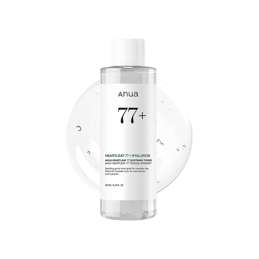 ANUA Heartleaf 77% Soothing Toner is a gentle hydrating toner made to calm, refresh, and balance sensitive or irritated skin. Formulated with 77% Heartleaf Extract, Panthenol, Glycerin, Betaine, Centella Asiatica Extract, Portulaca Oleracea Extract, Chamomile Flower Extract, Sugar Cane Extract, and Apple Fruit Extract, it helps soothe redness, support moisture, and leave skin feeling soft and comfortable. The lightweight watery texture absorbs quickly without heaviness, making it ideal for daily