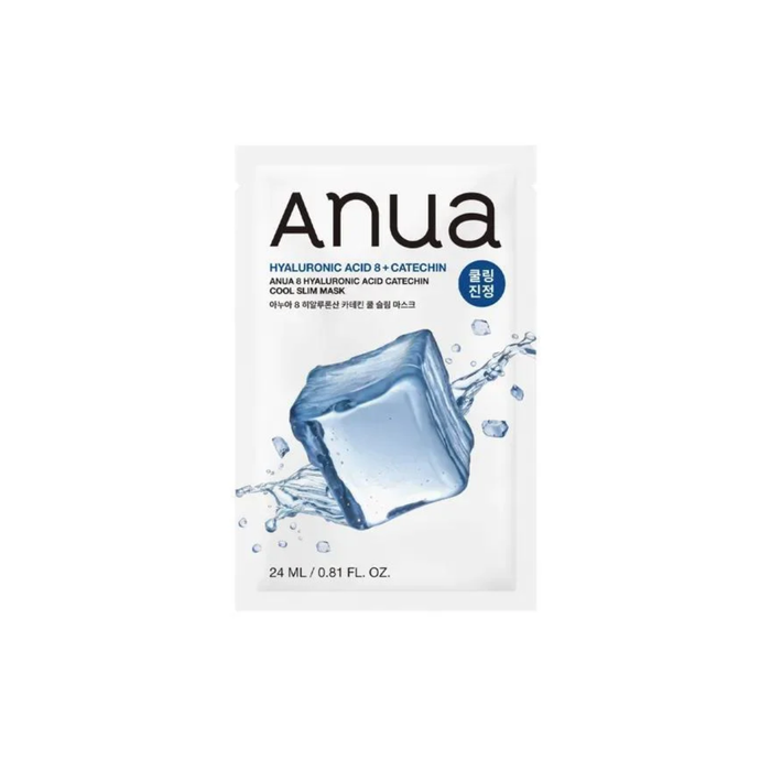 ANUA Hyaluronic Acid 8 Catechin Cool Slim Mask is a refreshing sheet mask designed to deeply hydrate while delivering an instant cooling effect. Formulated with 8 types of Hyaluronic Acid, it helps replenish moisture and leave skin feeling plump and smooth. Green Tea Catechins and Caffeine provide antioxidant care and help refresh tired-looking skin, while soothing botanical extracts calm and comfort the complexion. The lightweight essence absorbs quickly, leaving skin hydrated, revitalized, and